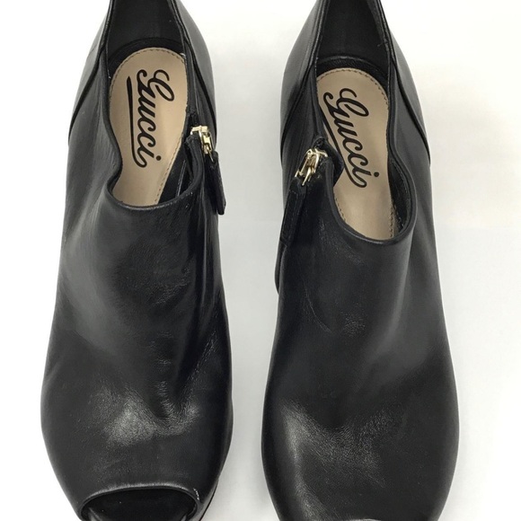 Authentic Gucci Black Leather Peep-Toe Stiletto Platform Ankle Booties - Size 38 - Picture 7 of 9
